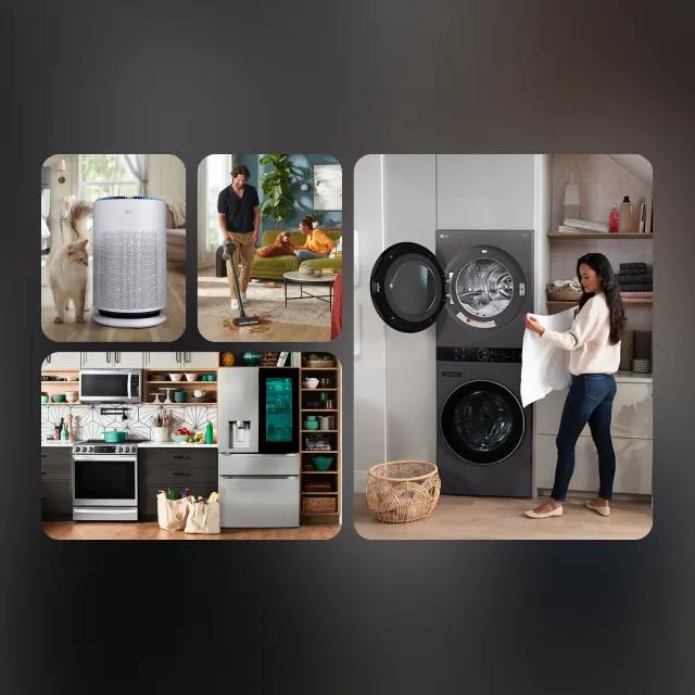 Three scenes are displayed in collage form. A cat inspects an LG Air Purifier. Groceries bags in front of an LG refrigerator, range and microwave. A woman removes a towel from an LG WashTower. 