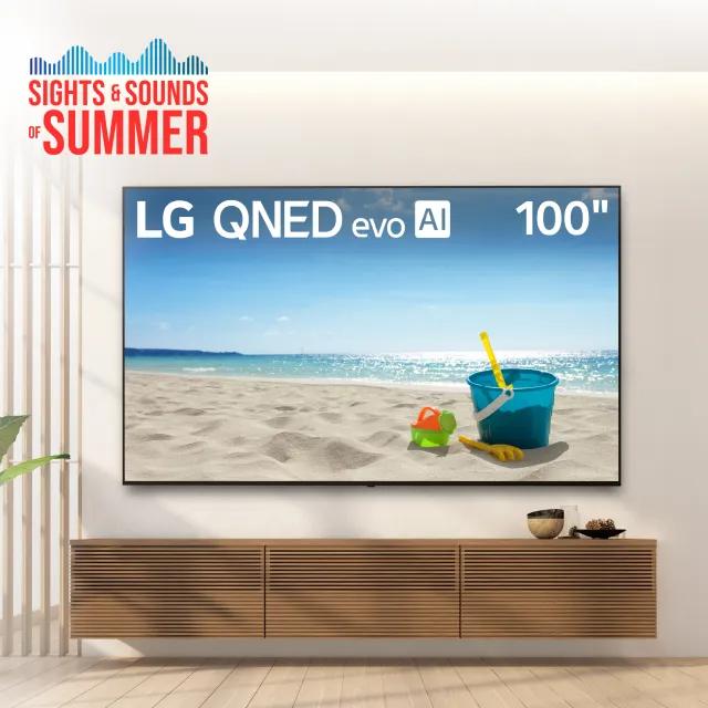 “Sights and sounds of summer” title badge. 100” QNED TV in a bright living room.