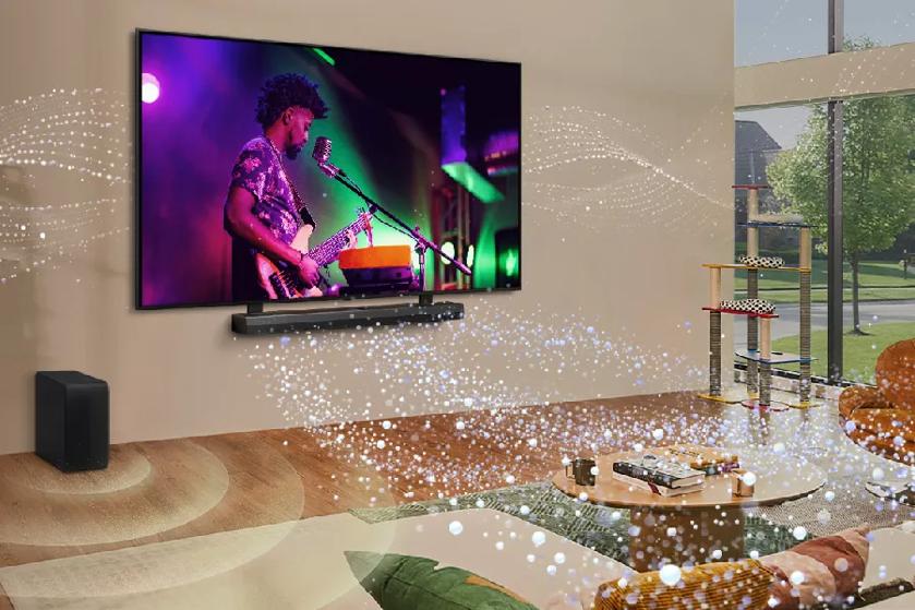 Sound emanating from wall mounted LG QNED TV and soundbar