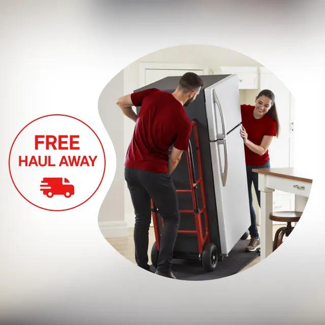 'Free Haul Away text showing 2 people hauling away a refrigerator.