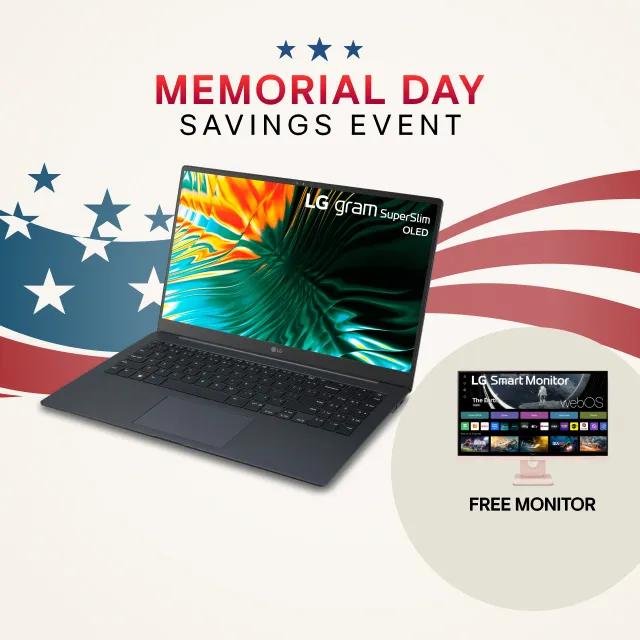 “Memorial Day Savings Event” title badge. An LG gram SuperSlim Laptop appears before a stars and stripes background graphic. Below, a pop-out image of an LG Smart Monitor appears, along with text reading “Free Monitor”.