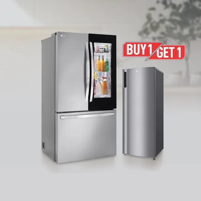 “Buy 1, Get 1” title badge. A French Door and a single door refrigerator appear side-by-side.