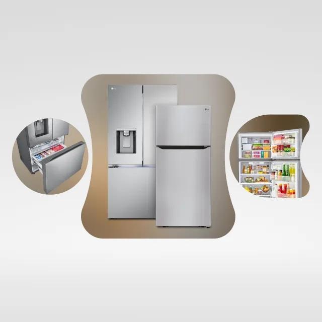 A Top Freezer Refrigerator and a Counter-Depth MAX French Door Refrigerator appear side-by-side. Two smaller images of each fridge appear to the left with the doors open, showing close-ups of the content of each fridge. 